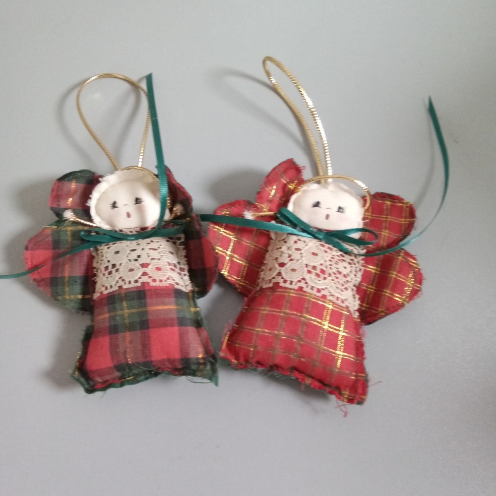 Vintage Plaid Angel Christmas Ornaments Set of 2 Red Green Tartan Lace Trim